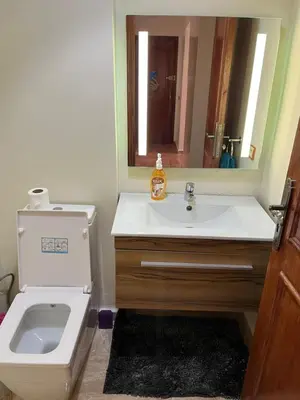 a bathroom with a toilet and a sink and a mirror at Superbe appartement au porte de gueliz in Marrakech