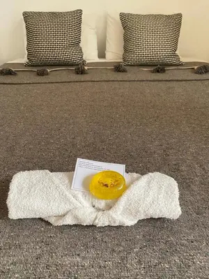 a frisbee sitting on a white towel on a bed at Riad Fiora, private home!!! in Marrakech