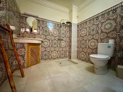 a bathroom with a toilet and a tiled wall at Riad Flottement Des Songes in Marrakech