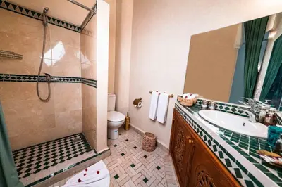 a bathroom with a sink and a shower and a toilet at Riad Kiyanjana in Marrakech