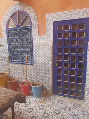 a blue door and potted plants in front of a house at RIAD DAR KADER D in Marrakech