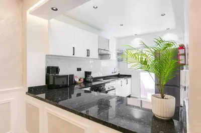 a kitchen with black counter tops and a potted plant at Luxury Odyssey - Marrakech Centre in Marrakech
