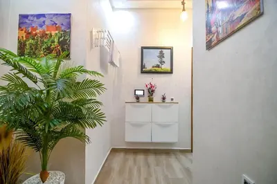 a hallway with a potted plant and paintings on the wall at The Skyline Stay in Marrakech