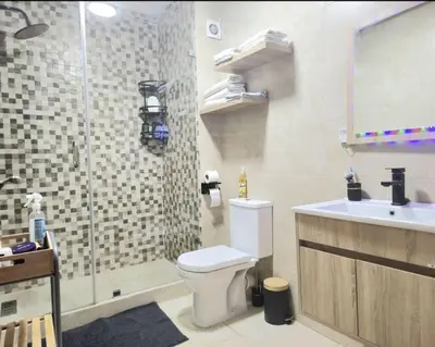 a bathroom with a shower and a toilet and a sink at appartement cosy plein centre in Marrakech