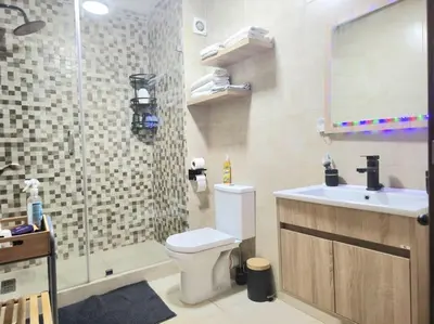 a bathroom with a shower and a toilet and a sink at appartement cosy plein centre in Marrakech