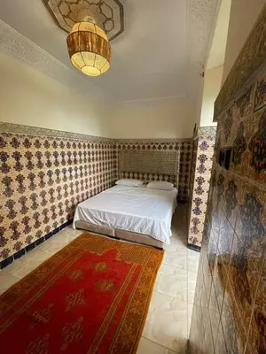 a bedroom with a white bed and a red rug at Riad Fridi in Marrakech