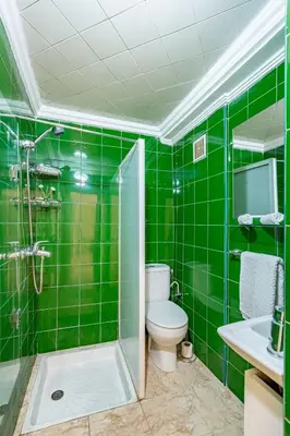 a green tiled bathroom with a toilet and a shower at Cosy apartment in the heart of Hivernage in Marrakech