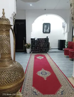a living room with a red rug and a fireplace at Medina-in auberge in Marrakech