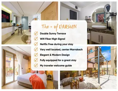 a collage of pictures of a kitchen and a room at New ! Appartement DarSun - Terrasse - Fibre - Parking by Darlease in Marrakech