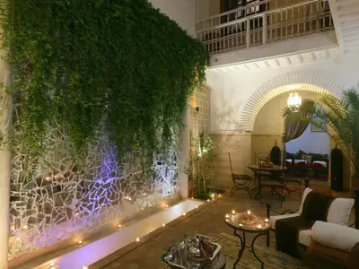 a living wall with plants and lights in a room at Riad El Bellar in Marrakech