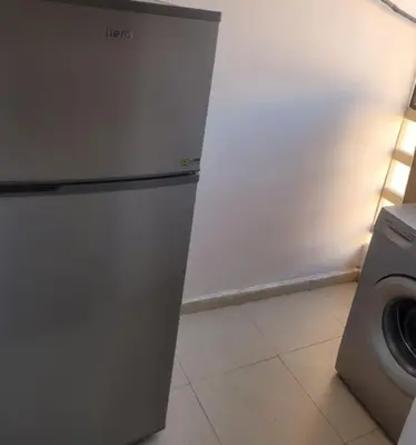 a kitchen with a refrigerator and a washing machine at Le cœur de L'orient Marrakech in Marrakech