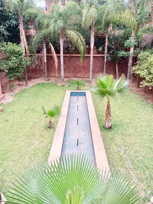 a bench in a park with palm trees in the background at Beautiful Hivernage Apartment with Pool & Balcony, Near Attractions in Marrakech