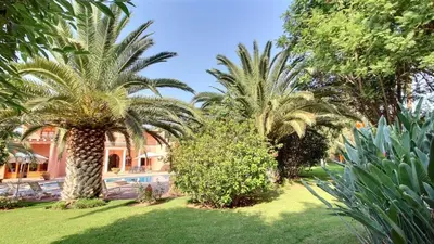 a group of palm trees in front of a house at Villa Dauphin in Marrakech