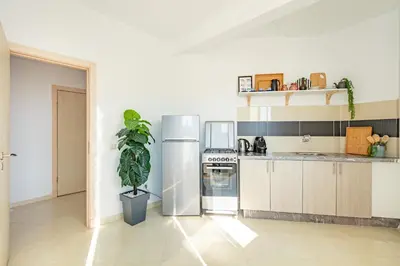 a kitchen with a refrigerator and a plant in it at Appartement familial à Marrakech in Marrakech