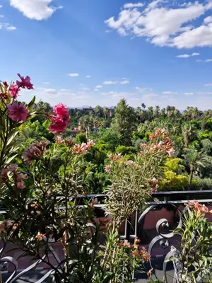 a view of a garden with flowers on a balcony at Luxueux Duplex rooftop en plein cœur de Majorelle in Marrakech