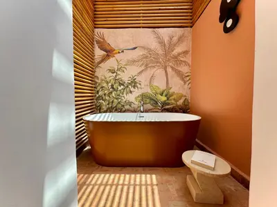a bath tub in a bathroom with a bird on the wall at Riad Ziya - Private very close to Jamaa El Fna in Marrakech