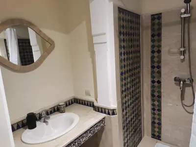 a bathroom with a sink and a shower with a mirror at Appartement à Marrakech Babylon 2 Hivernage in Marrakech
