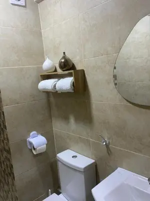 a bathroom with a toilet and a sink and a mirror at Appartement luxueux 38 nour 5 in Marrakech