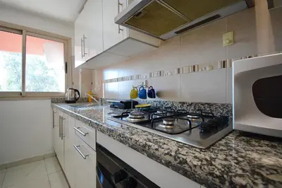 a kitchen with a stove and a microwave at Appart charmante au cour de marrakech l'hivernage in Marrakech