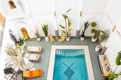 a swimming pool with potted plants on the ceiling at Riad Tamazigh in Marrakech