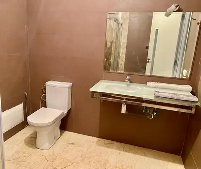 a bathroom with a toilet and a sink and a mirror at Apparemment 1 chambre salon à coté de la gare guéliz 20 in Marrakech
