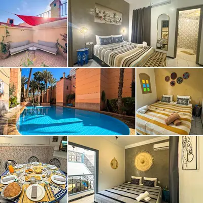 a collage of photos of a hotel room with a pool at Riad Beldi Chic Un Séjour Authentique Proche Médina in Marrakech