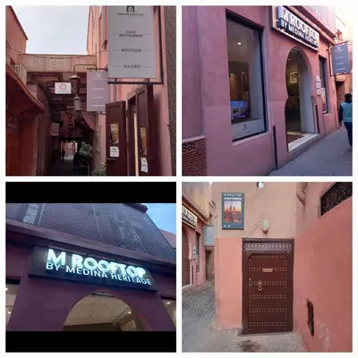 three pictures of a building with a door and a sign at Juli's in Marrakech