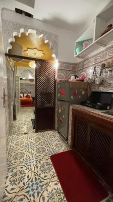 a room with a kitchen with a kitchenasteryasteryasteryasteryasteryasteryasteryastery at Central Marrakesh Medina Apartment in Marrakech