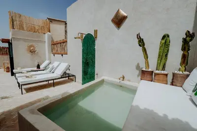 a swimming pool in a room with a couch and cactus at Dar Inara in Marrakech