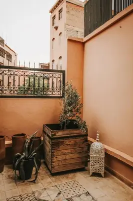 a balcony with potted plants on the side of a building at Logement confortable et chic, Gueliz, Carre Eden in Marrakech
