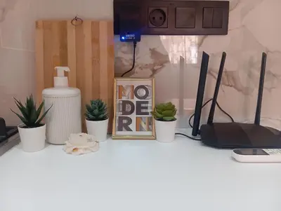 a desk with a computer and a picture and plants at Palace appart Marrakech - hivernage in Marrakech