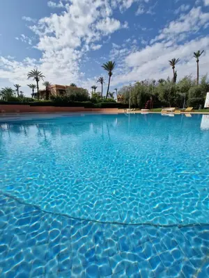a pool of blue water with palm trees in the background at les jardins de la palmeraie 2 appart in Marrakech