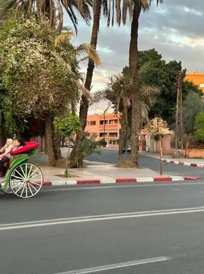a person riding a horse drawn carriage down a street at appartement au coeur de marrakech proche de tout in Marrakech