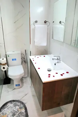 a bathroom with a toilet and a sink with red hearts on it at The Elite suites in Marrakech