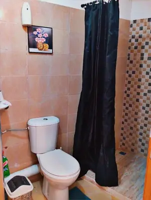 a bathroom with a toilet and a black shower curtain at Appartement calme et spacieux in Marrakech