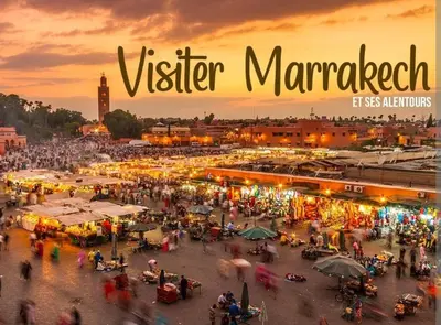 a crowd of people walking around a market at sunset at Appartement au palmeraie Marrakech in Marrakech