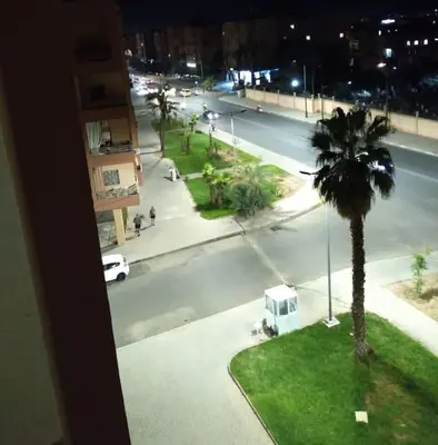 a view of a city street with a palm tree at Marrakech Apart Macdonald Rte safi 10 min gueliz in Marrakech