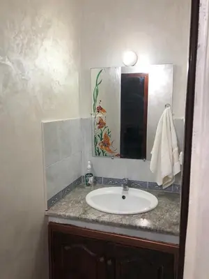 a bathroom with a sink and a mirror at AC Family apartment steps away from everything in Marrakech