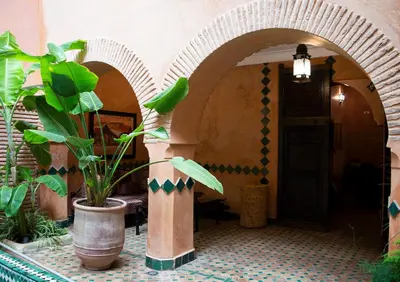 a hallway with an archway with a potted plant at Riad Amirat Al Jamal in Marrakech