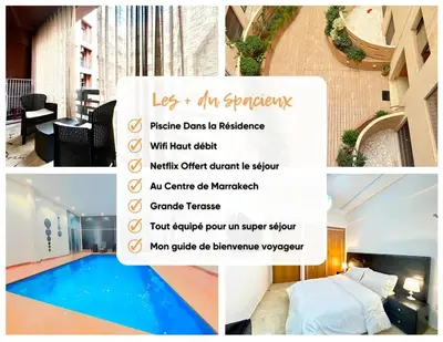 a collage of pictures of a hotel room with a sign at Le Spacieux de Gueliz avec Piscine et Terasse in Marrakech