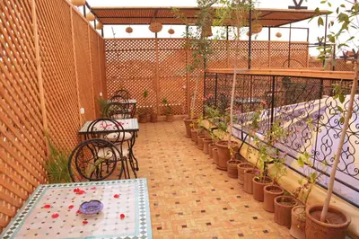 a patio with potted plants and a table and chairs at Riad marrakesh peace in Marrakech