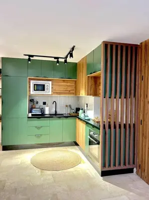 a kitchen with green cabinets and a microwave at Appartement Marrakech Hivernage N4 RESIDENCE CAPRICE PALACE in Marrakech