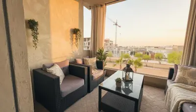 a living room with two chairs and a table and a window at Apartment Coralia - Pool - Terrace in Marrakech