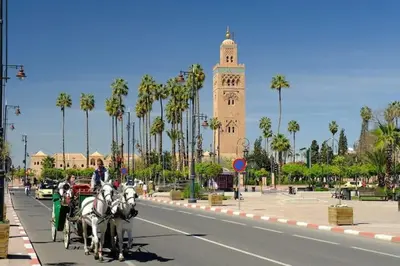 a horse drawn carriage on a city street with a clock tower at Maison d'hôtes Marrakech in Marrakech