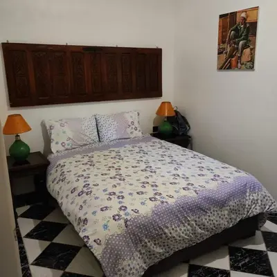 a bed in a bedroom with two lamps and a bedspread at Appartement T3 Le petit chat in Marrakech