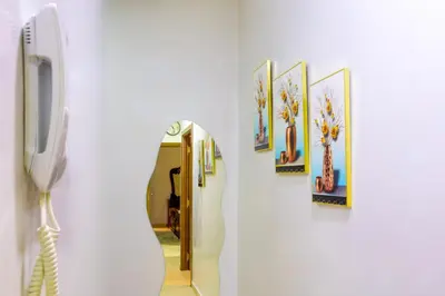 a phone on a wall next to a hallway with paintings at Jardins d'Anas Appartement Airport in Marrakech
