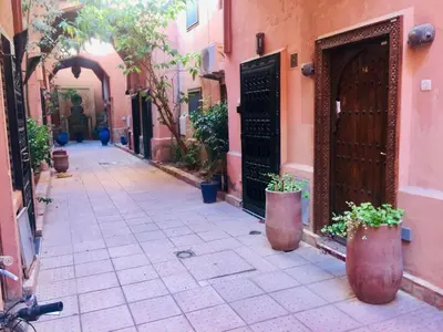an alley in an old building with potted plants at Riad Oued Issil in Marrakech