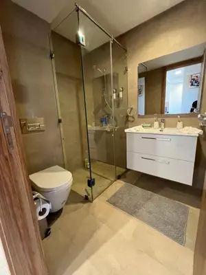a bathroom with a shower and a toilet and a sink at Cozy Urbain Appartement in Marrakech