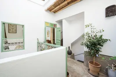 a staircase in a house with a plant at Riad Ghita Exclusif 15 min de Jemaa El Fnaa in Marrakech