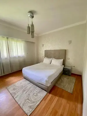 a bedroom with a large white bed and a rug at Apartment in Marrakech equipped and comfortable in Marrakech